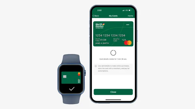 A phone with the North Easton Savings Bank app My Card screen displaying a personal North Easton Savings Bank debit card along with recent transactions and a smart watch displaying a personal North Easton Savings Bank debit card