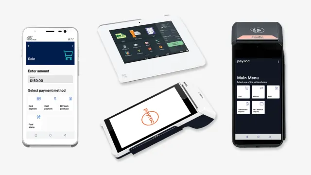 Four various styles of Payroc payment kiosks