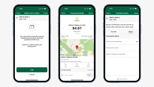 One phone displaying the Report Lost or Stolen Card screen with a call-to-action button to Call or Cancel; a second phone displaying Transaction Details showing the amount of money spent, the location of the transaction, and the ability to view the business' details; and a third phone showing the Control & Alerts page with the ability to add Transaction Alerts for all card activities, no transaction alerts, or alert for selected card activities.