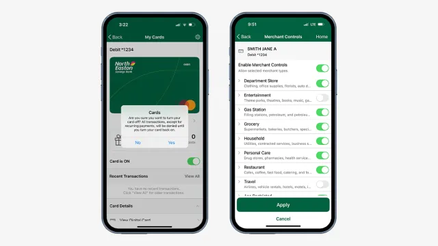A phone displaying a prompt to turn off a card with the option to tap Yes or No and a second phone displaying merchant controls, which show various type of establishments with the option to toggle them on or off.