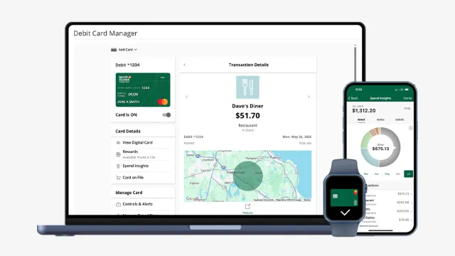 A laptop displaying the North Easton Savings Bank Debit Card Manager with Transaction Details shown, a phone displaying Spending Insights in a pie chart, and a smart watch displaying a North Easton Savings Bank personal debit card