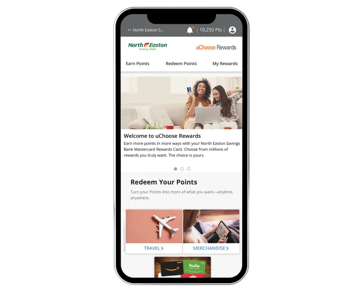 A phone showing the uChoose Rewards page for North Easton Savings Bank
