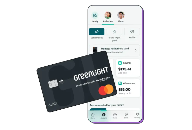 Phone displaying Greenlight app Accounts tab dashboard open with a Greenlight North Easton Savings Bank debit card overlayed