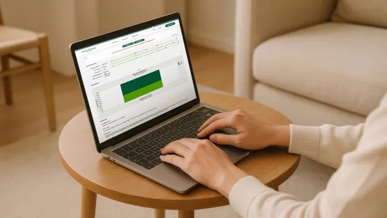 Person using a laptop displaying a North Easton Savings Bank financial calculator on the screen
