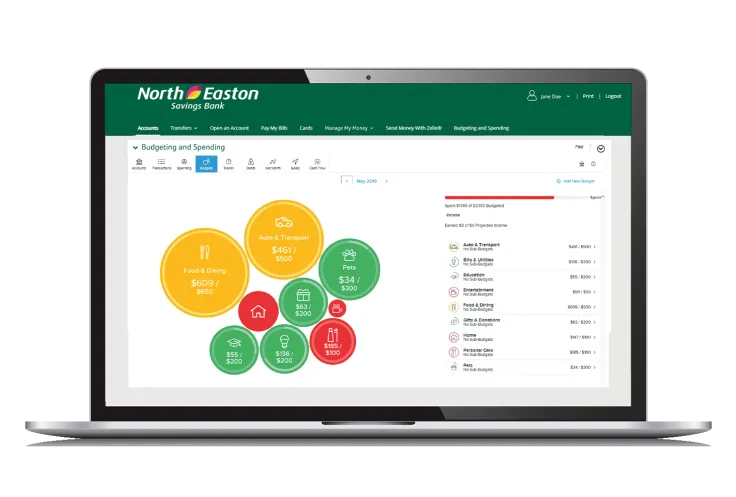A laptop displaying the North Easton Savings Bank Budgeting & Spending tool dashboard