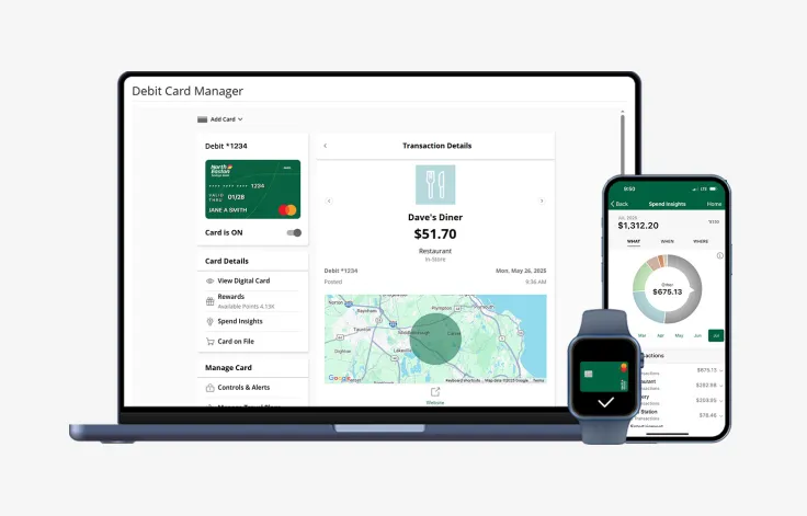 A laptop displaying the North Easton Savings Bank Debit Card Manager with Transaction Details shown, a phone displaying Spending Insights in a pie chart, and a smart watch displaying a North Easton Savings Bank personal debit card